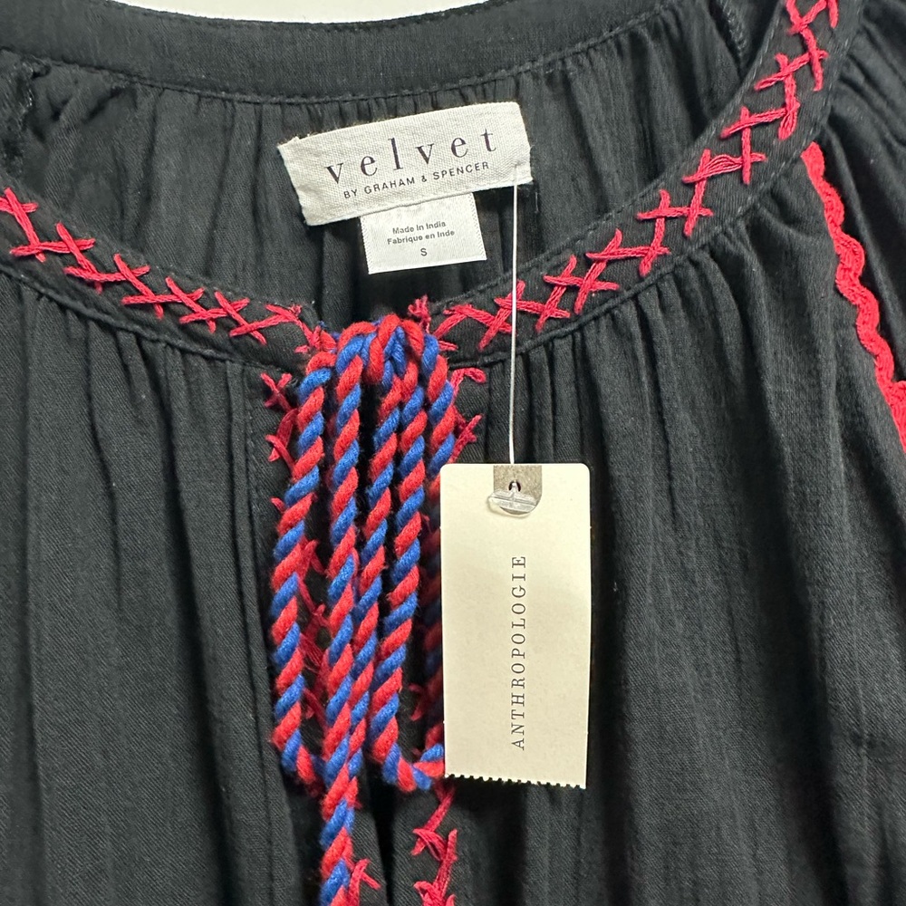 NWT Women’s Anthropologie Embroidered Black Dress with Red Blue Boho Beach - Picture 3 of 8